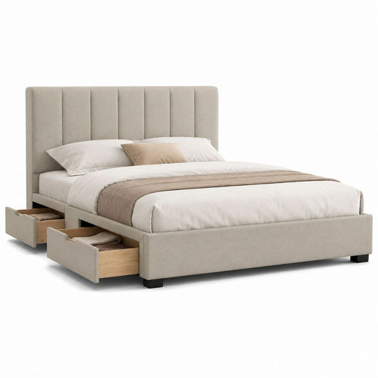 Stauraumbett Doppelbett Beige mit Polyesterbezug und 2 Schubladen 160 x 200 cm
