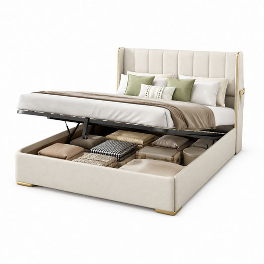 Stauraumbett Doppelbett Creme Polyester 180 x 200 cm mit hydraulischer Hebefunktion