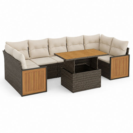 6-teiliges Gartenlounge Set Dunkelbraun Beige PE-Rattan Akazienholz U-Form 225 x 225 x 85 cm