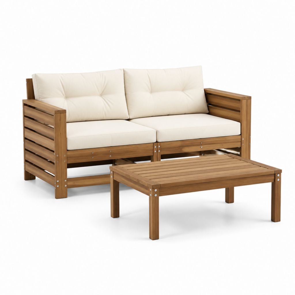 Gartenlounge-Set 2-Sitzer Sofa mit Couchtisch naturbraunes Akazienholz cremefarbene Polyesterkissen 138 x 70 x 68 cm