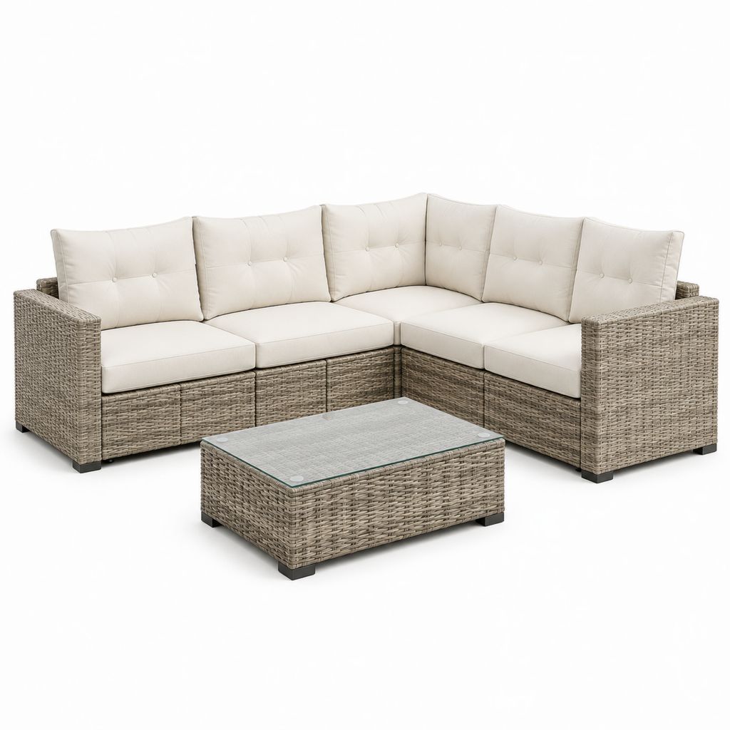 5-teiliges Gartensofa Set L-Form Graubeige Cremeweiß PE-Polyrattan mit Glastisch 210 x 210 x 73 cm