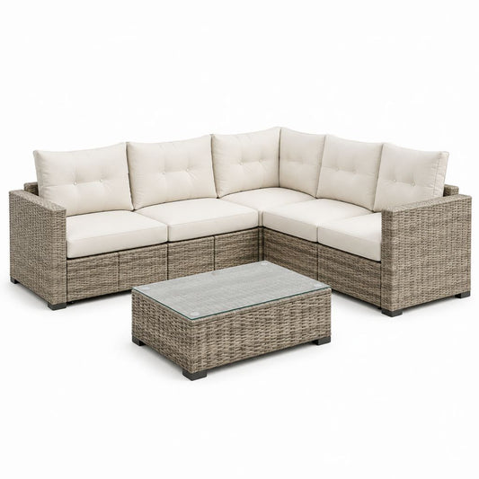 5-teiliges Gartensofa Set L-Form Graubeige Cremeweiß PE-Polyrattan mit Glastisch 210 x 210 x 73 cm