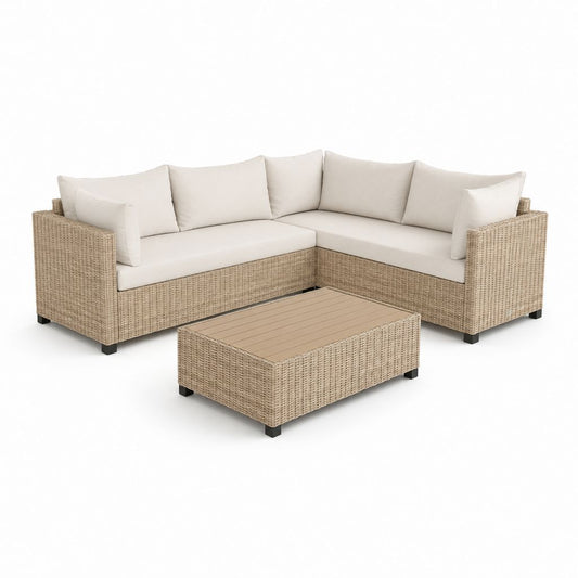 5-teiliges Gartenlounge-Set in L-Form Beige Polyrattan mit Sitzkissen und Couchtisch 230 x 230 x 75 cm