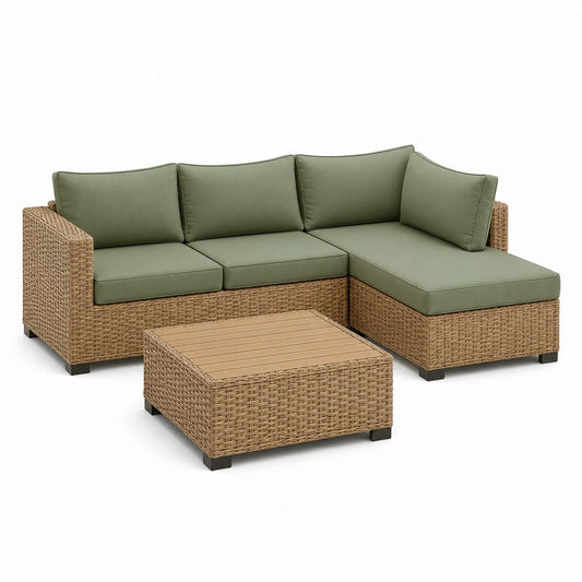 Gartenlounge Ecksofa Set olivgrün PE-Rattan L-Form mit Tisch 207 x 145 x 83 cm
