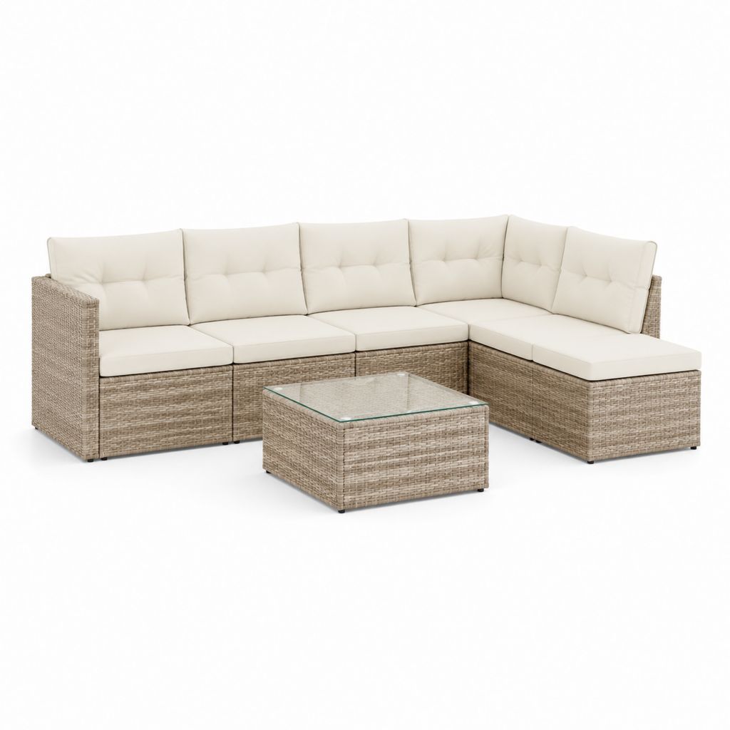 Gartenlounge Ecksofa Set Beige Polyrattan mit Glastisch 220 x 220 x 65 cm