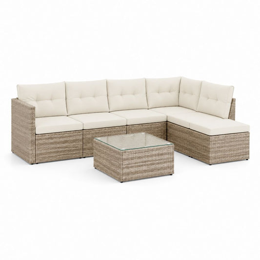 Gartenlounge Ecksofa Set Beige Polyrattan mit Glastisch 220 x 220 x 65 cm