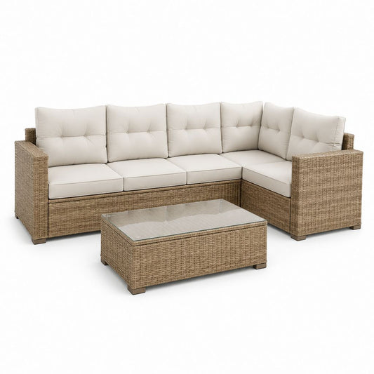 Gartenlounge-Set Beige Polyrattan L-Form mit Glastisch 230 x 180 cm