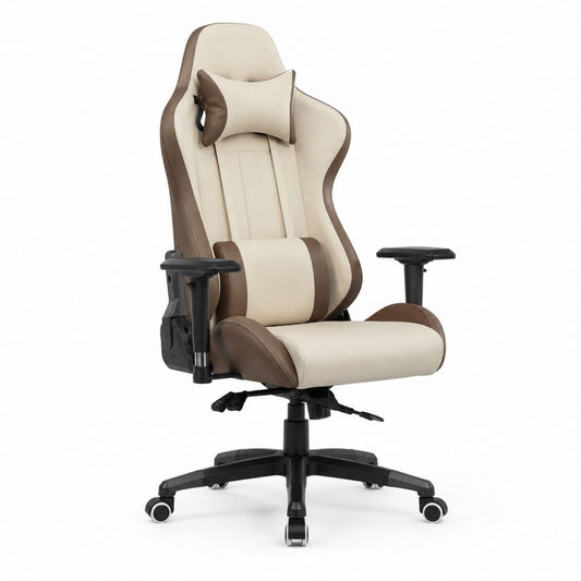 Gamingstuhl Bürostuhl Beige Braun aus PU-Kunstleder mit Kopfkissen und Lendenkissen 70 x 70 x 128-138 cm