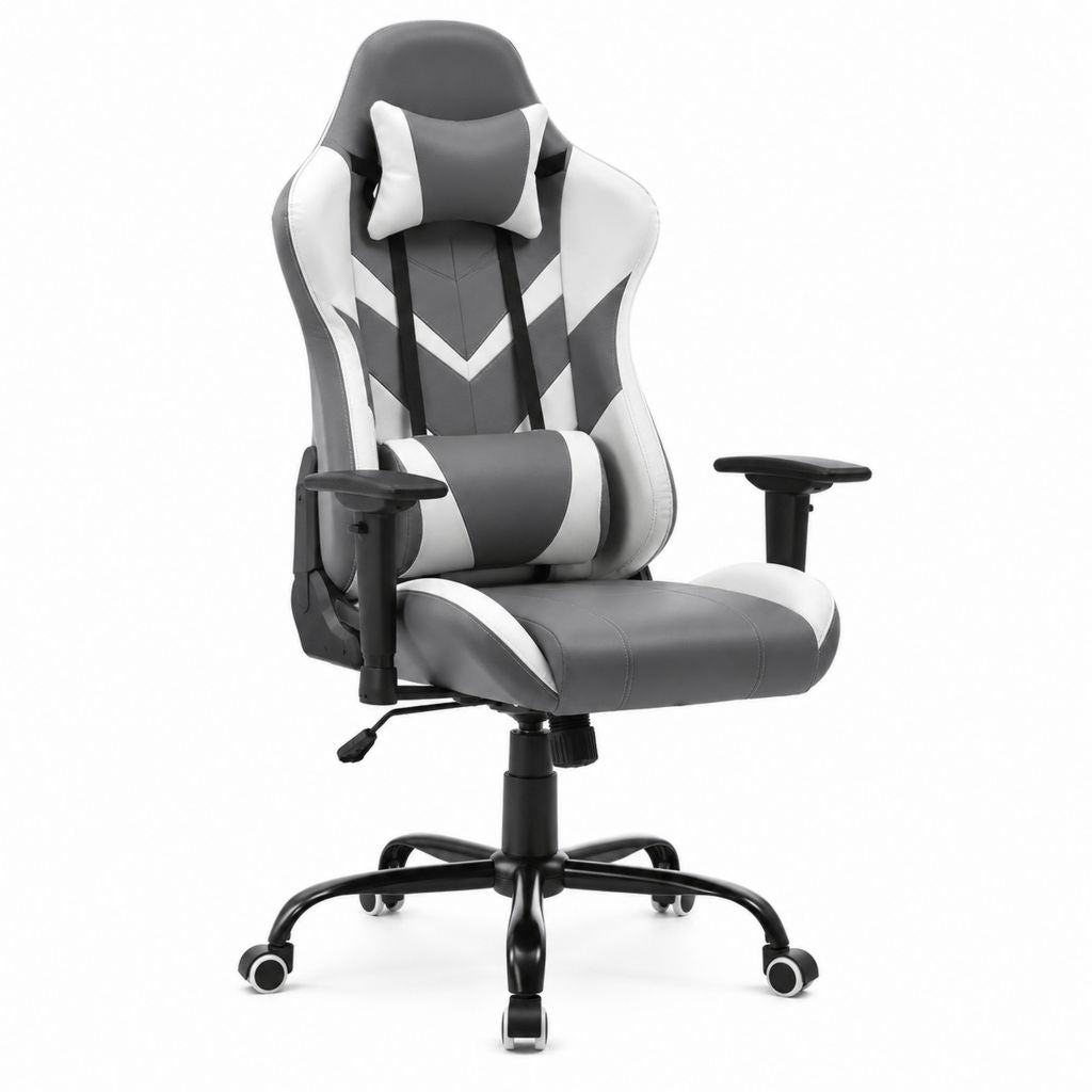 Gamingstuhl Bürostuhl höhenverstellbar Grau Weiß PU-Kunstleder Rennsitzform mit Kopf- und Lendenkissen 68 x 70 x 123-133 cm