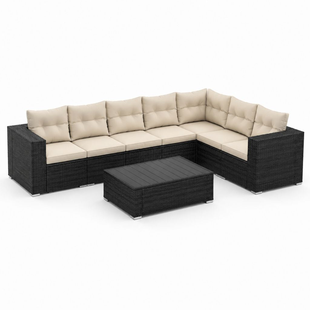 7-teiliges Gartenlounge-Set Schwarz PE-Rattan L-Form mit cremefarbenen Polyesterkissen 210 x 210 x 60 cm