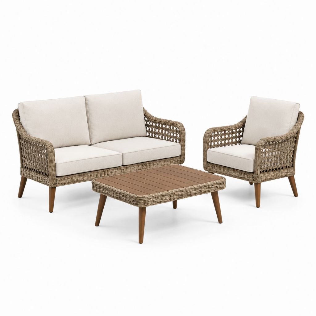 Gartensofa Set Naturbraun Beige Rattan Akazienholz 3-teilig mit 2-Sitzer Sessel und Couchtisch