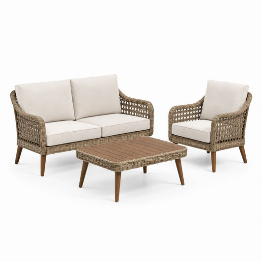 Gartensofa Set Naturbraun Beige Rattan Akazienholz 3-teilig mit 2-Sitzer Sessel und Couchtisch