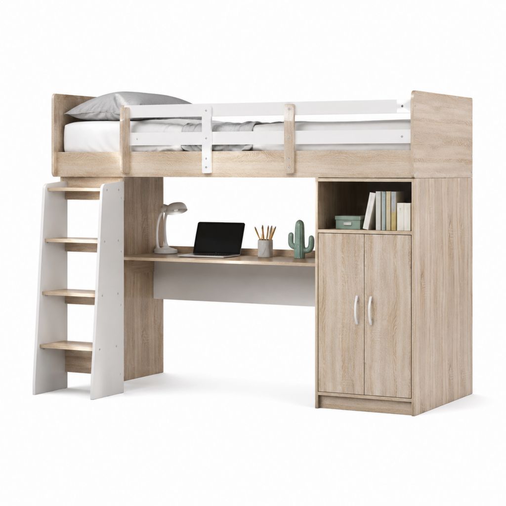 Kinder Hochbett mit Schreibtisch Kleiderschrank und Leiter Eiche Weiß Spanplatte 90 x 200 cm