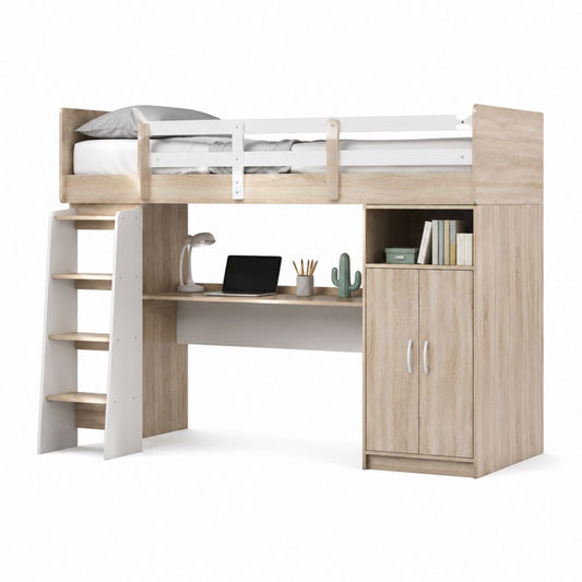 Kinder Hochbett mit Schreibtisch Kleiderschrank und Leiter Eiche Weiß Spanplatte 90 x 200 cm