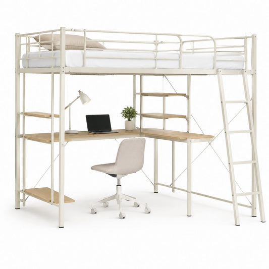 Hochbett mit Schreibtisch und Regal Weiß Stahl MDF 90 x 200 cm