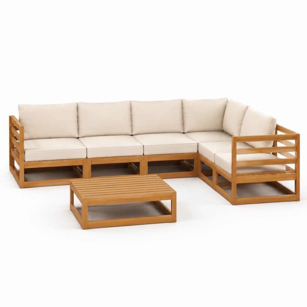 Gartenlounge-Set 4-Sitzer Ecksofa Natur Akazienholz Cremeweiß L-Form 255 x 190 x 64 cm
