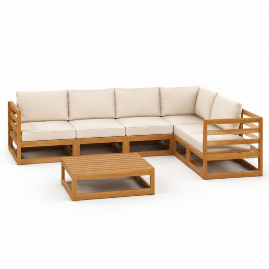 Gartenlounge-Set 4-Sitzer Ecksofa Natur Akazienholz Cremeweiß L-Form 255 x 190 x 64 cm