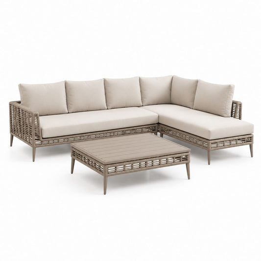 Gartenlounge Set Ecksofa mit Couchtisch Beige PE-Geflecht Aluminium L-Form 220 x 150 x 75 cm