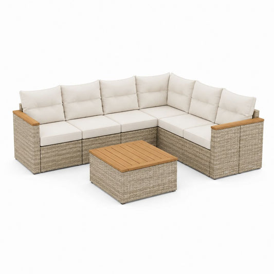 Gartenlounge Ecksofa Set Beige PE-Rattan Akazienholz 250 x 250 x 65 cm mit Couchtisch